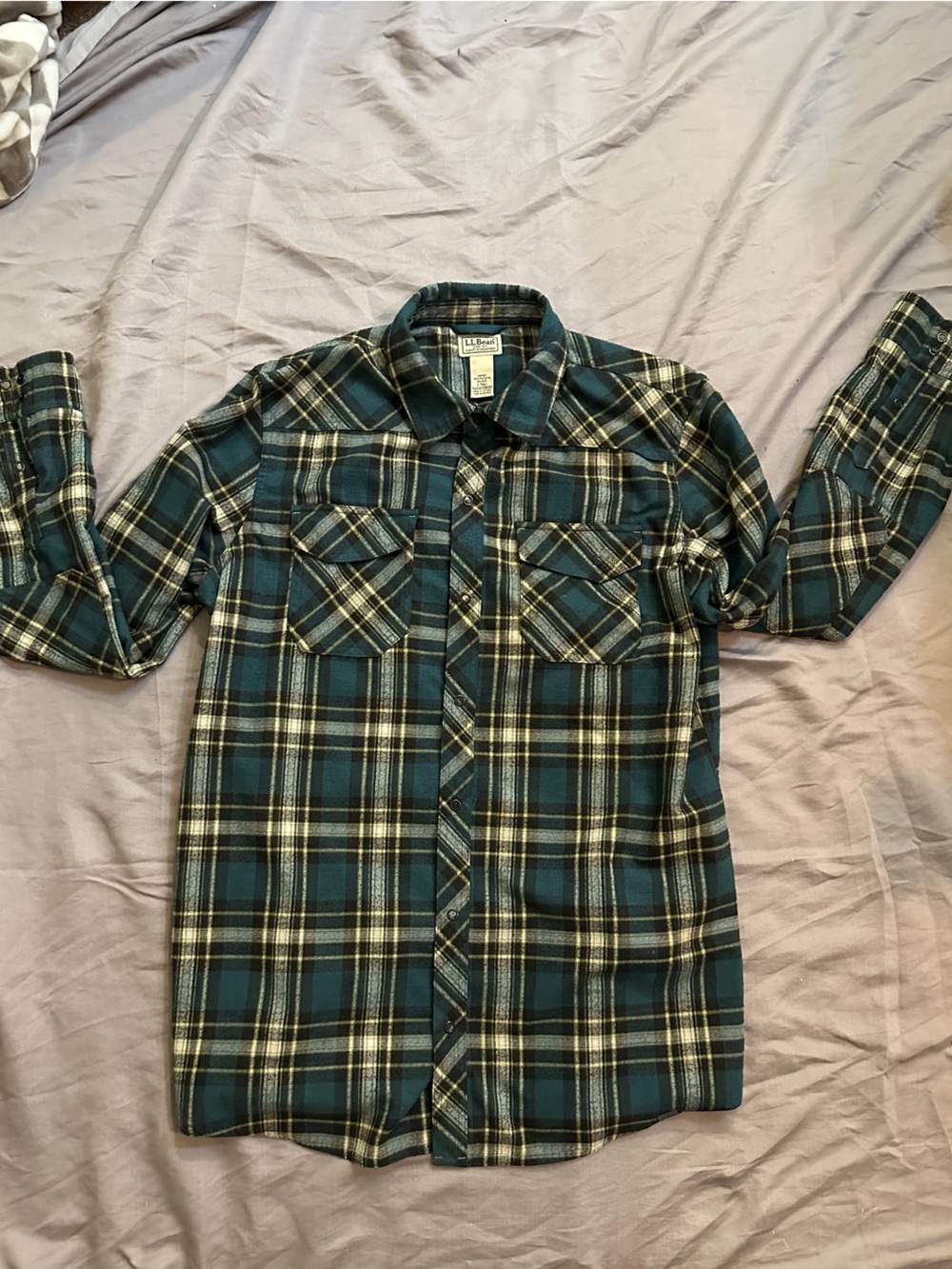 L.L. Bean Teal and Black Plaid Button-Down Shirt